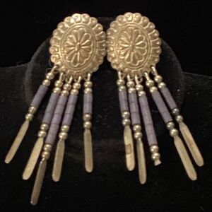 Q.T Quoc Stone & Sterling Silver Concho Dangle Navajo Earrings Southwest
